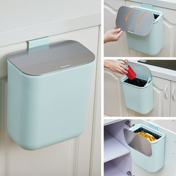 2.4 Gallon Kitchen Hanging Small Trash Can with Stainless Steel Lid, Odor-Free Compost Bin, Space-Saving Garbage Can for Cabinet, Under Sink, RV, Bathroom, Green