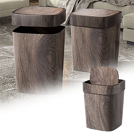 2/4 Gallon Retro Small Can, Vintage Wood Grain Small with Swing Lid, Rectangular Garbage Bin, Reusable Farmhouse Wastebaskets for Bedroom, Kitchen, Bathroom, Bathroom Can with Lid