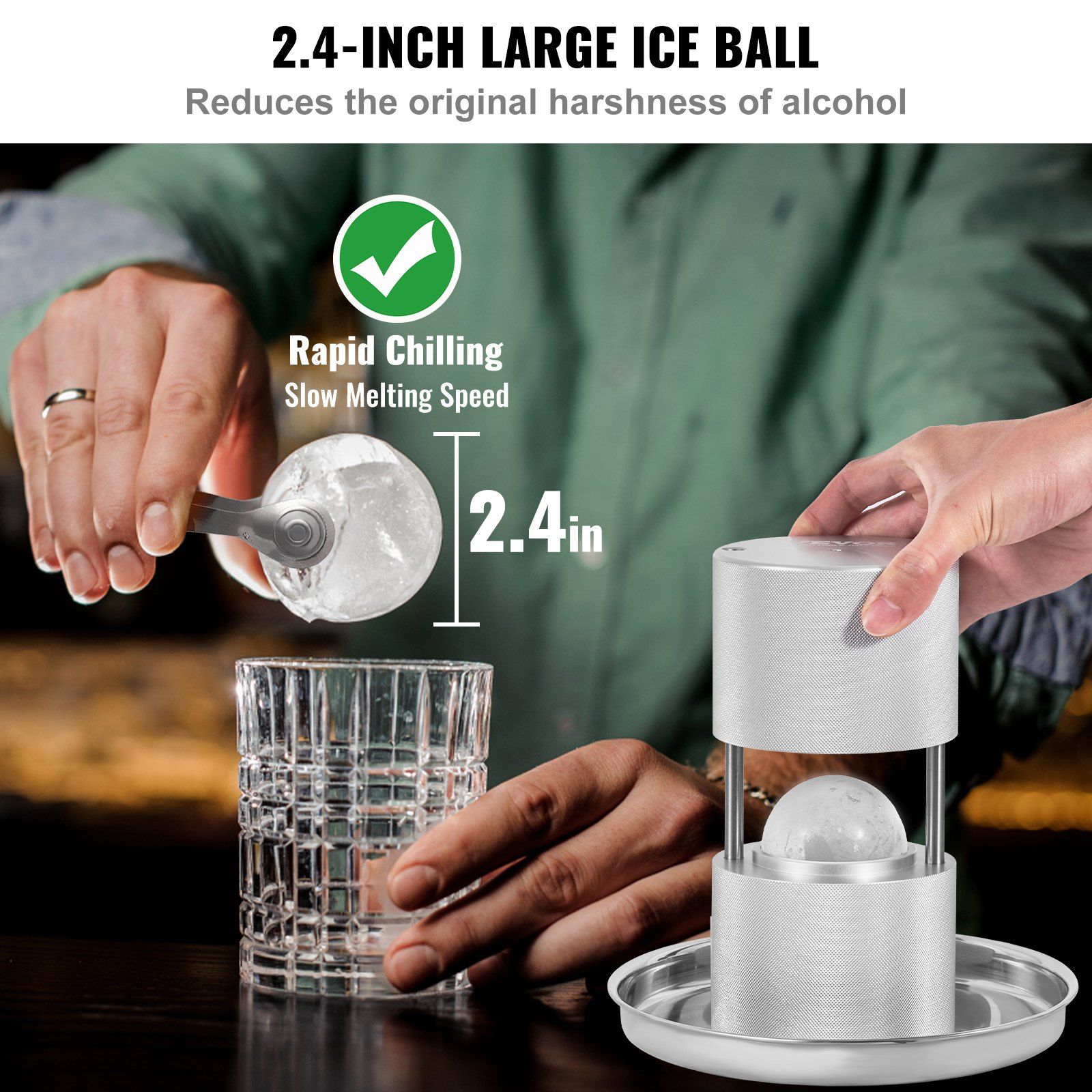 2.4" Ice Ball Press Kit, Aircraft Aluminum Alloy Ice Sphere Maker for 60mm Ice Balls - Includes Tongs & Drip Tray, Perfect for Whiskey, Bourbon, Scotch Cocktails - Party & Holiday Essential (Silver)