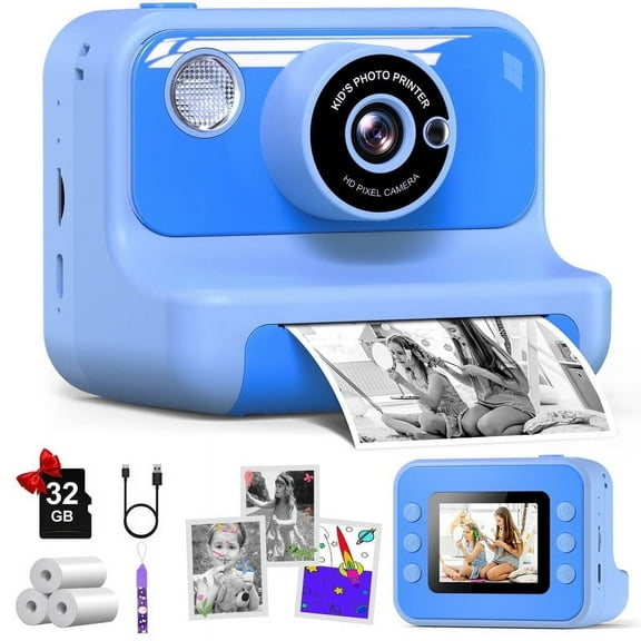 2.4" Instant Print Camera for Kids, 1080P HD Instant Kids Camera 32G Card & Photo Paper Blue for Girls Boys Age 6-12 Birthday Gifts