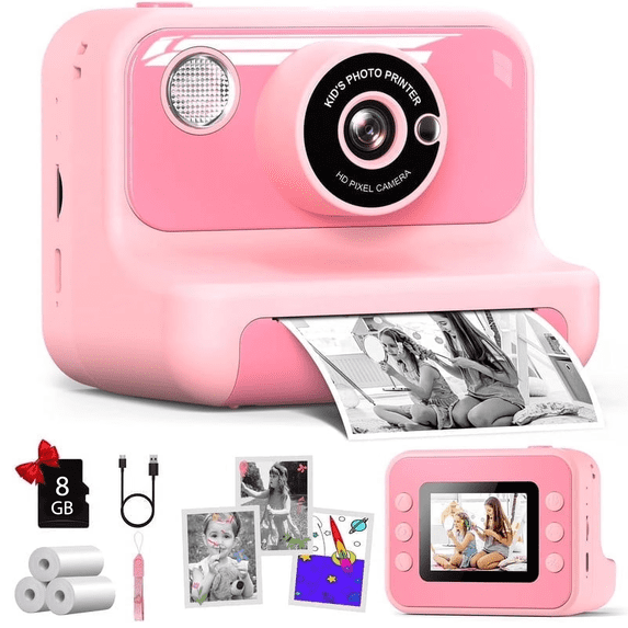 Gofunly 2.4" Instant Print Camera for Kids, 1080P HD Instant Kids Camera 8GB Card & Photo Paper , Pink for Girls Boys Age 6-12 Birthday Gifts - Pink