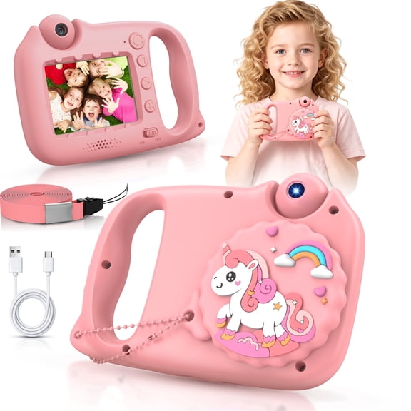USCAMEL 2 in 1 Kids Camera Microscope, Upgrade 2.4" Handheld Camera with Reversible Lens, 1080p Portable Creative Toy for Photo & Play, Gift for Girls Boys