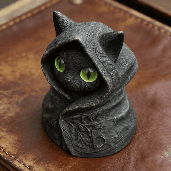 2.4" Mysterious Hooded Cat Figurine, Resin Black Kitten Statue with Green Eyes, Gothic Cloak Desktop Ornament for Halloween & Home Decor