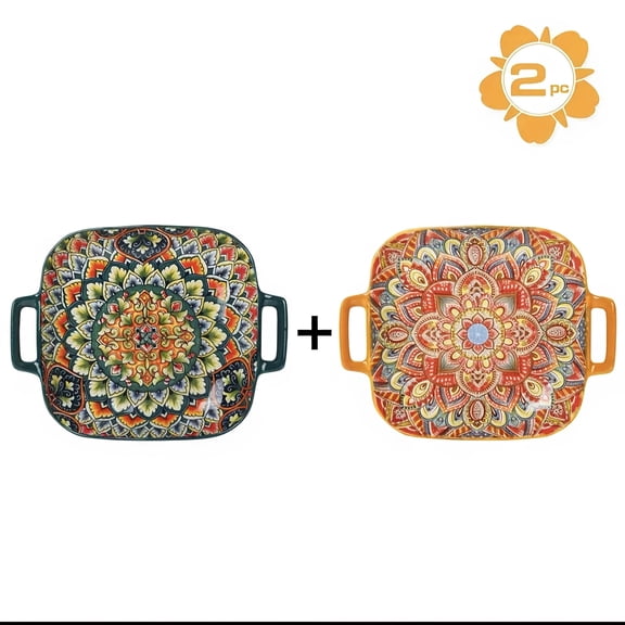 2/4 Pack Bohemian Floral Square Ceramic Tray Double Handle Plate For Home Party Daily Use