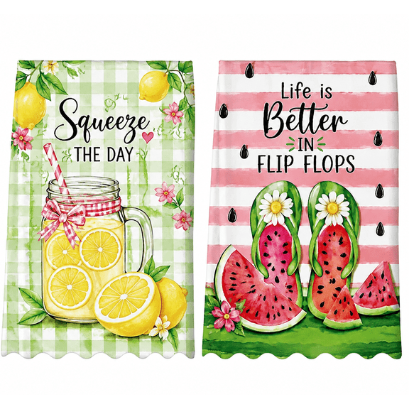 2/4 Pack Decorative Summer Kitchen Towels Lemonade Watermelon Print Hand Towels Absorbent Squeeze the Day Life is Better in Flip Flops Dishcloths