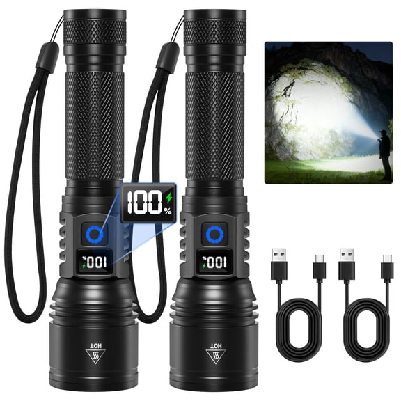 2 Pack Rechargeable LED Flashlight, High Lumens with LCD Power Display 5 Modes Adjustable Focus