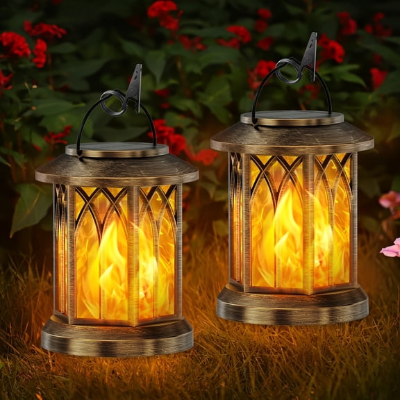 2/4 Pack Solar Flickering Flame Lanterns - Metal Heavy Duty, IPX5 Waterproof Outdoor Hanging Lights, Solar-Powered LED for Patio/Garden/Christmas Decor