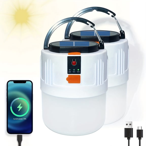 2/4 Pack Solar Powered LED Camping Lanterns, Rechargeable Lights with Solar Panel & 3 Lighting Modes, Lightweight Portable Power Bank for Power Outage, Emergency, Hurricane, Storm & Car Repair