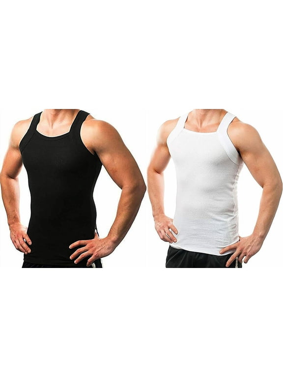 2-4 Packs Men's G-unit Style Cotton Tank Tops Square Cut Muscle Rib A-Shirts (Black&White, 5X-Large, 2 Pack)