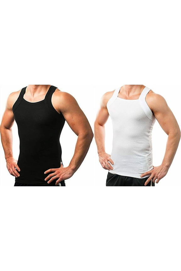 2-4 Packs Men's G-unit Style Cotton Tank Tops Square Cut Muscle Rib A-Shirts (Black&White, X-Large, 2 Pack)