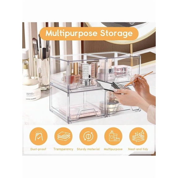 2/4 Packs Stackable Makeup Organizer,4.4'' Tall Acrylic Bathroom Organizer And Storage Drawers, Clear Plastic Drawer Storage Bins For Vanity, Undersink, Cabinets, Pantry