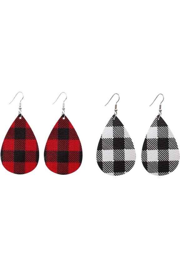 2-4 Pairs Buffalo Plaid Leather EarringsLightweight Handmade Leather Teardrop Leaf Rainbow Pattern Earrings for Women
