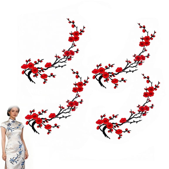 2/4 Pcs Cherry Blossom Embroidery Iron on Patches, Vintage Plum Blossom Floral Sew On Appliques for Clothes Repair, Wedding Dress, Jeans, Backpack, Shoes DIY Decoration