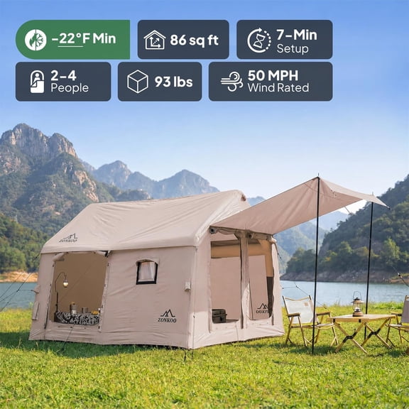 2-4 Person Inflatable Tent with Pump 86 sq ft Blow up Tent with Skylights 7-Min Quick Setup Waterproof Air Glamping Tents 4 Season Hot Tent with Stove Jack Opening & Side Windows, for Family Camping