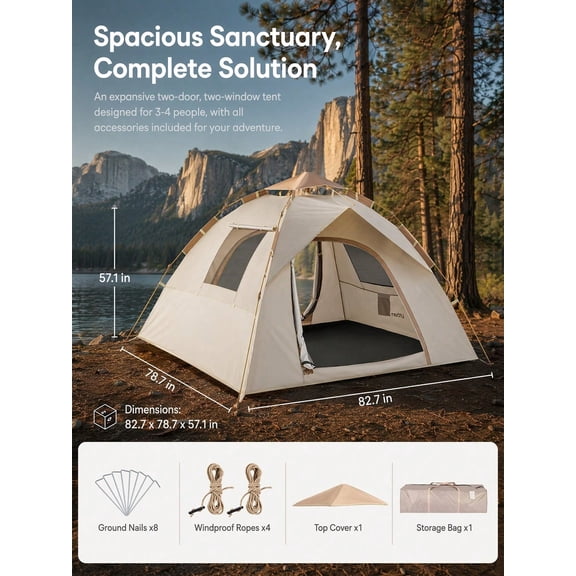 2-4 Person Instant Pop Up Camping Tent, 60s Quick Setup Waterproof Windproof Family Dome Tent, Features 2 Doors and 2 Mesh Windows, Equipped with Top Rain Cover and Carry Bag, Portable Outdoor Shelte