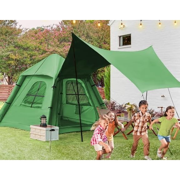 2-4 Persons Inflatable Camping Tent with Pump & Extended Canopy, Easy Set-up, Oxford Portable Free-Standing Family Cabin Tent for Hiking,Green$$Sport & Recreation Other