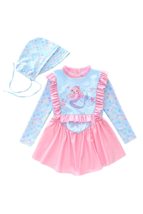 2-4 T Bathing Suits For Girls Girls Long Sleeve Swimsuit Dress with Sun Hat Fashionable Skirt Style Bathing Suit for Toddlers and Kids