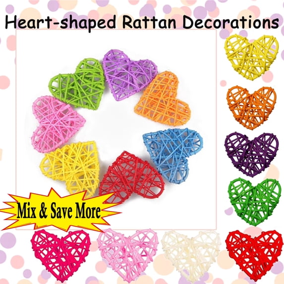 2.4" Valentine Heart Shaped Rattan Balls 2.36 Inch Heart Vase Bowl Fillers DIY Craft Wicker Rattan Decor for Valentine Wedding Party Decor, HAODEJW, Red