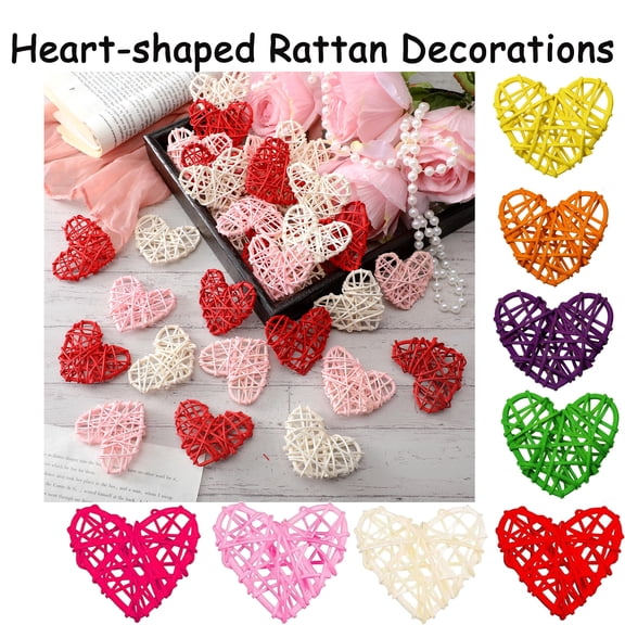 2.4" Valentine's Day Heart Shaped Rattan Ornaments DIY Heart Wicker Balls Natural Vase Filler Rattan Twig for Wedding Birthday Valentine Party Table Decoration Crafts, HAODEJW, Red