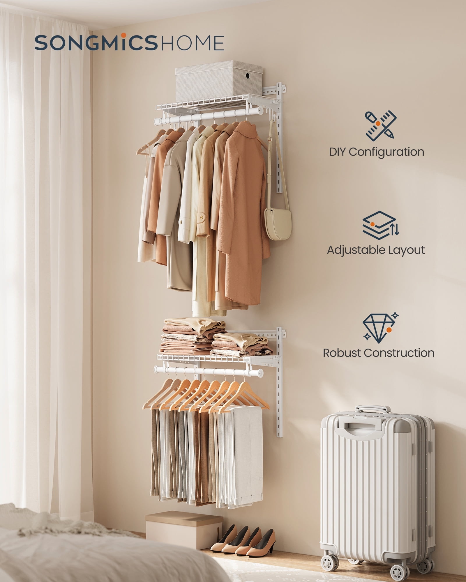 2-4 ft Adjustable Closet System - Metal Shelving Unit with 2 Rods & Shelves, 141 lb Capacity, for Wardrobe/Pantry, Cloud White