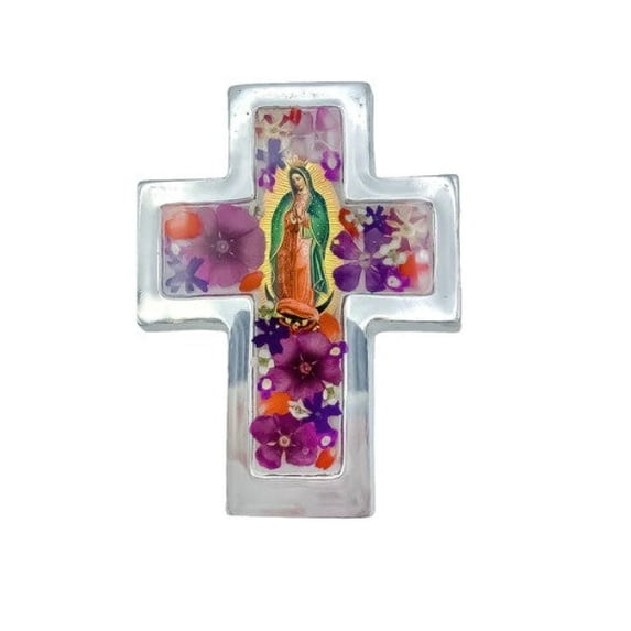 2.4" x 3" Our Lady of Guadalupe Pressed Flowers Cross
