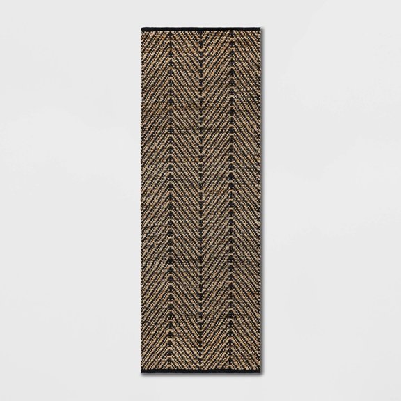 2'4"x7' Chevron Runner Rug Black - Jute & Cotton, Indoor, Abstract Pattern
