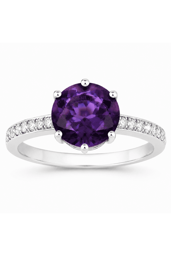 2.40 Ct Round Purple Amethyst and Lab Diamond Prong Silver Pave Bridge Ring