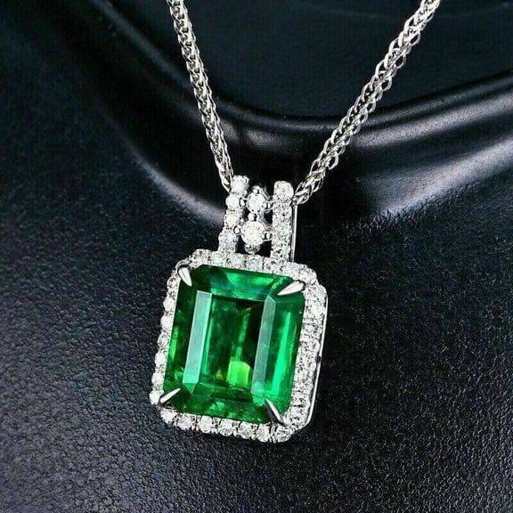 2.40Ct Emerald Cut Lab Created Green Emerald Halo Pendant Necklace 14K White Gold Plated 18''