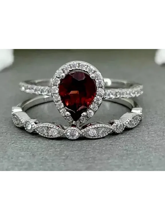 2.40Ct Pear Cut Lab-Created Red Ruby Bridal Band Set Ring 14K White Gold Plated