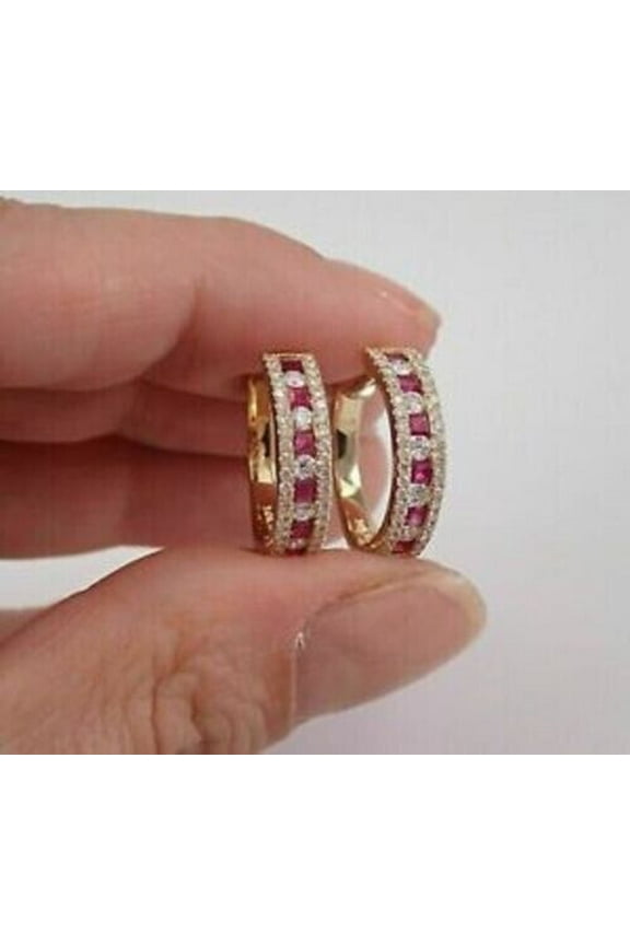 2.40Ct Princess Cut Lab-Created Red Ruby Diamond Huggie Hoop Earrings 14K Yellow Gold Plated For Women's