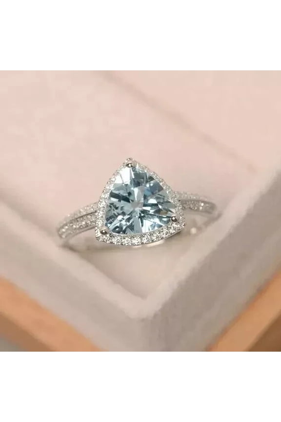 2.40Ct Trillion Cut Simulated Diamond Aquamarine Women Ring 14k White Gold Plated