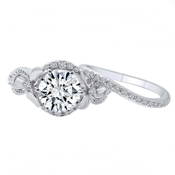 AFFY 2.42 Carat Round Moissanite & Natural Diamond Vintage Style Floral Engagement Ring 14K Solid White Gold Ring Size-10