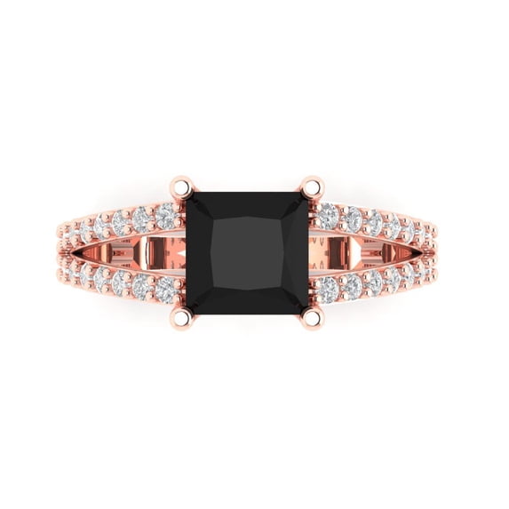 2.43ct Princess Cut Black Natural Onyx 14k Pink Rose Gold Engraving Statement Bridal Wedding Designer Ring Size 8.5