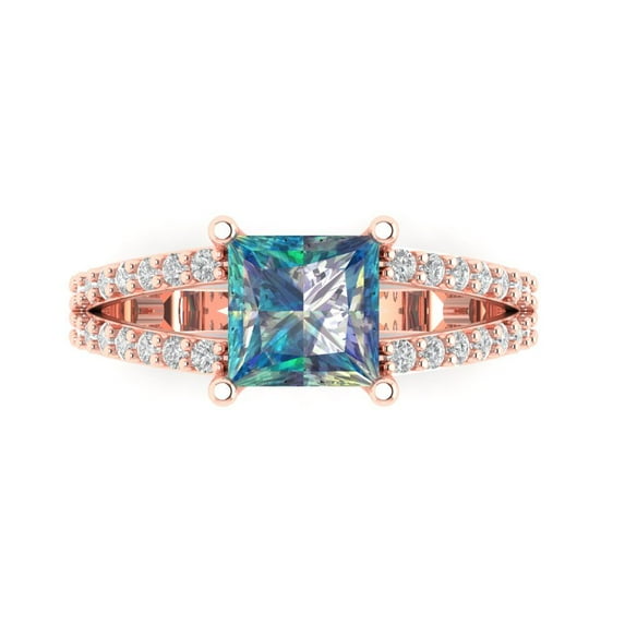 2.43ct Princess Cut Blue Moissanite 18k Pink Rose Gold Engraving Statement Bridal Wedding Designer Ring Size 6