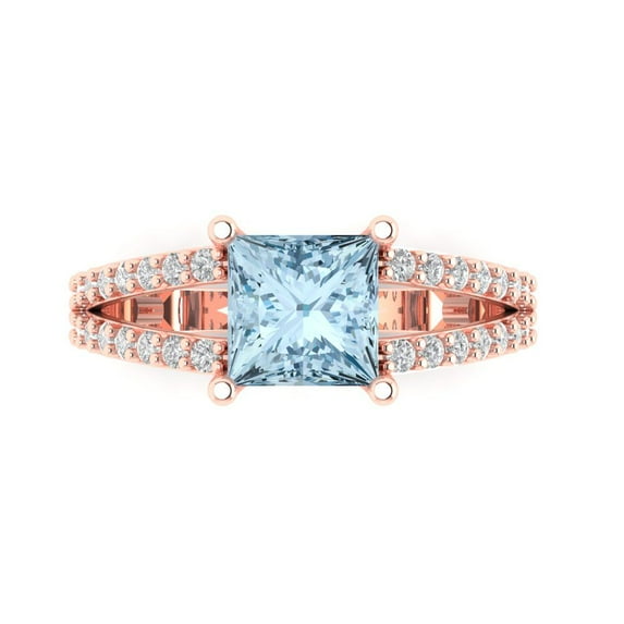 2.43ct Princess Cut Blue Natural Swiss Blue Topaz 14k Pink Rose Gold Engraving Statement Bridal Wedding Designer Ring Size 7