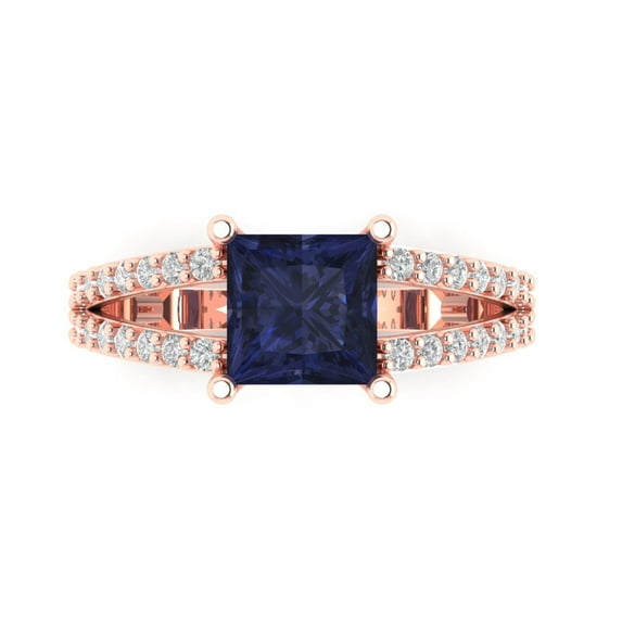 2.43ct Princess Cut Blue Sapphire 14k Pink Rose Gold Engraving Statement Bridal Wedding Designer Ring Size 9