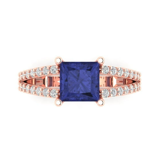2.43ct Princess Cut Blue Tanzanite 14k Pink Rose Gold Engraving Statement Bridal Wedding Designer Ring Size 8.5