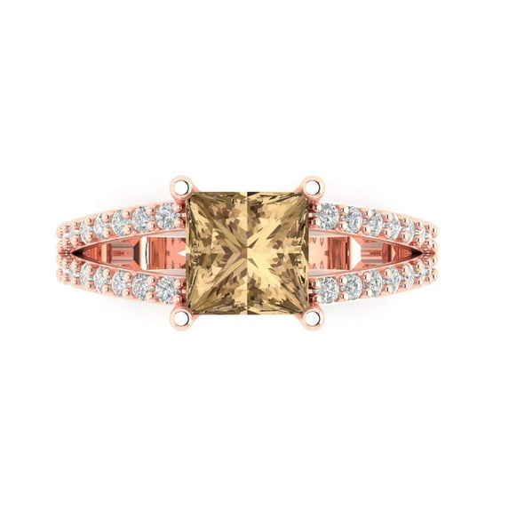 2.43ct Princess Cut Brown Champagne Crystal 14k Pink Rose Gold Engraving Statement Bridal Wedding Designer Ring Size 5.5