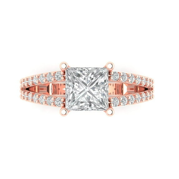 2.43ct Princess Cut Clear Moissanite 18k Pink Rose Gold Engraving Statement Bridal Wedding Designer Ring Size 8