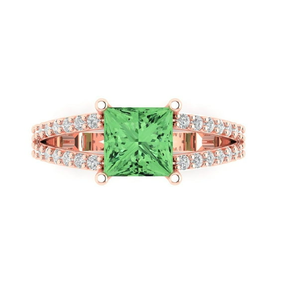 2.43ct Princess Cut Green Crystal 14k Pink Rose Gold Engraving Statement Bridal Wedding Designer Ring Size 4.5