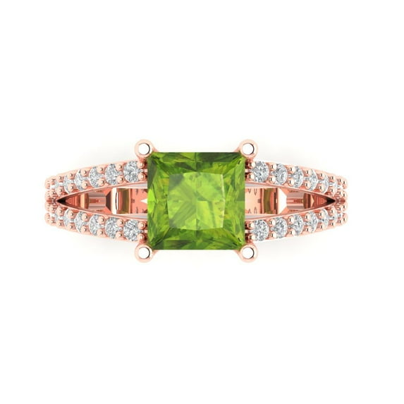 2.43ct Princess Cut Green Natural Peridot 18k Pink Rose Gold Engraving Statement Bridal Wedding Designer Ring Size 5.5