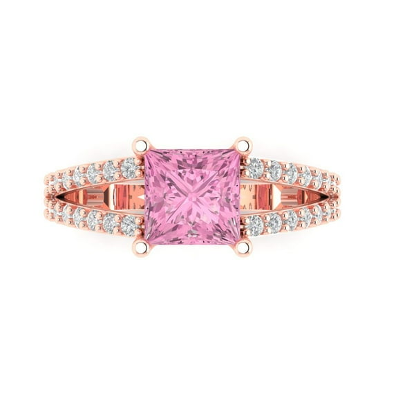 2.43ct Princess Cut Pink Crystal 14k Pink Rose Gold Engraving Statement Bridal Wedding Designer Ring Size 6.5
