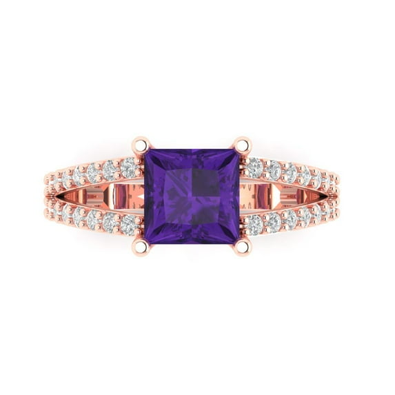 2.43ct Princess Cut Purple Natural Amethyst 14k Pink Rose Gold Engraving Statement Bridal Wedding Designer Ring Size 4