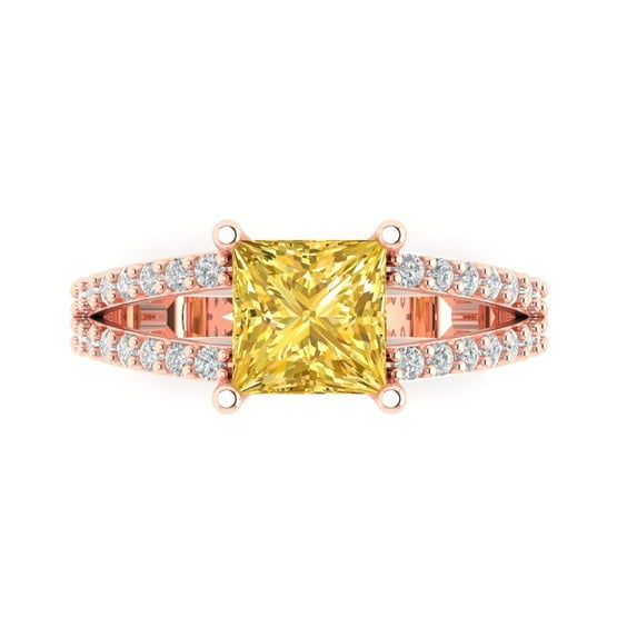 2.43ct Princess Cut Yellow Crystal 18k Pink Rose Gold Engraving Statement Bridal Wedding Designer Ring Size 3.5
