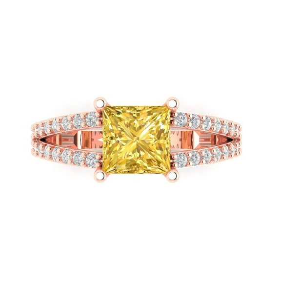 2.43ct Princess Cut Yellow Natural Citrine 14k Pink Rose Gold Engraving Statement Bridal Wedding Designer Ring Size 7.5