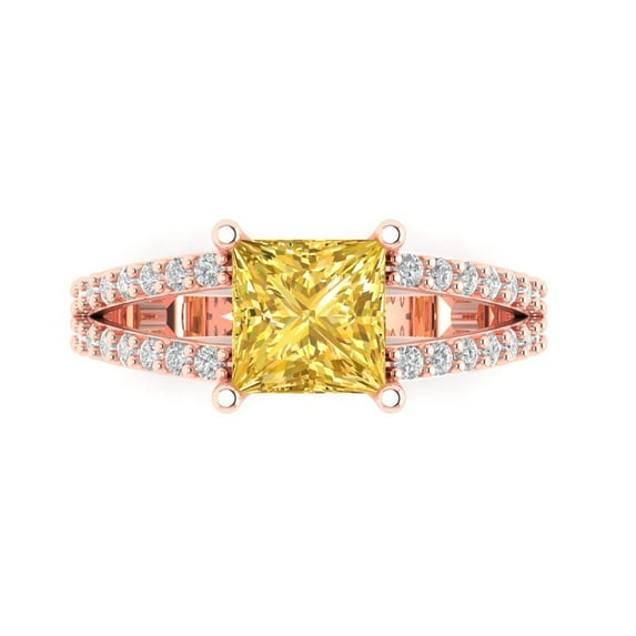 2.43ct Princess Cut Yellow Natural Citrine 18k Pink Rose Gold Engraving Statement Bridal Wedding Designer Ring Size 7