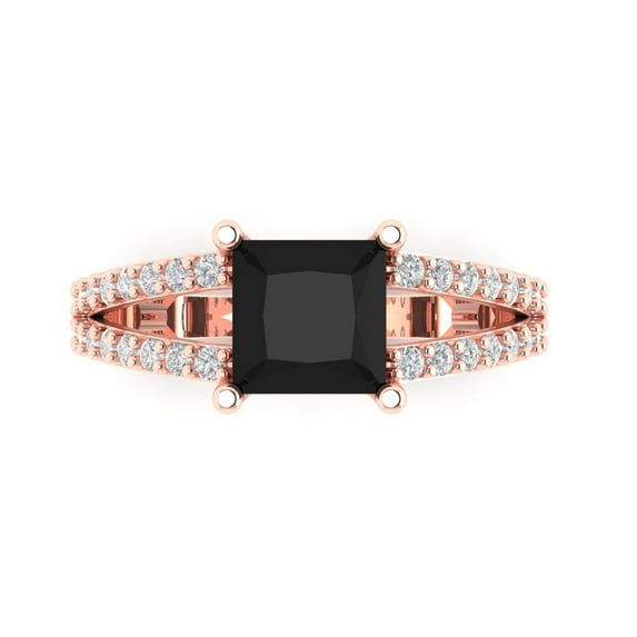 Clara Pucci 14K Rose Gold Solid Gold Onyx Solitaire with Accents Anniversary Ring for Women - 2.48 cttw Princess Cut