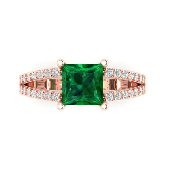 Clara Pucci 14K Rose Gold Solid Gold Emerald Solitaire with Accents Anniversary Ring for Women - 2.48 cttw Princess Cut