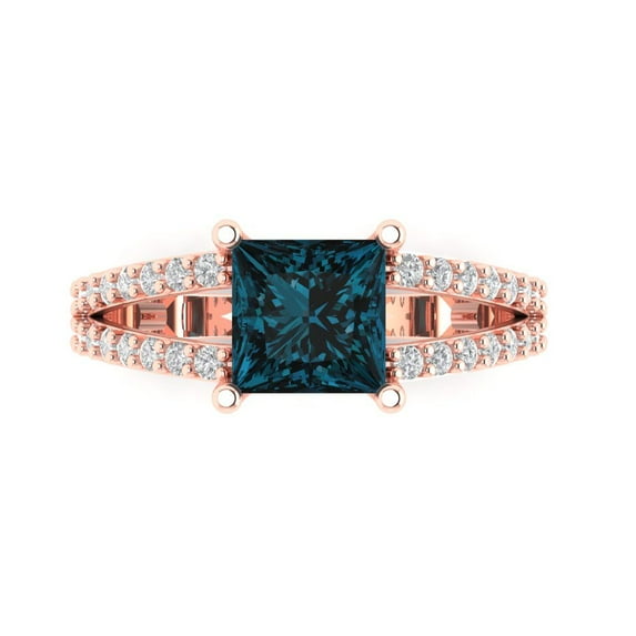 Clara Pucci 14K Rose Gold Solid Gold LondonBlueTopaz Solitaire with Accents Anniversary Ring for Women - 2.48 cttw Princess Cut
