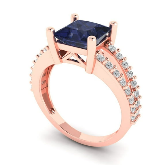 2.43ct princess cut blue sapphire 18k rose gold Bridal Wedding Engagement Promise Anniversary Ring for Women size 6.25